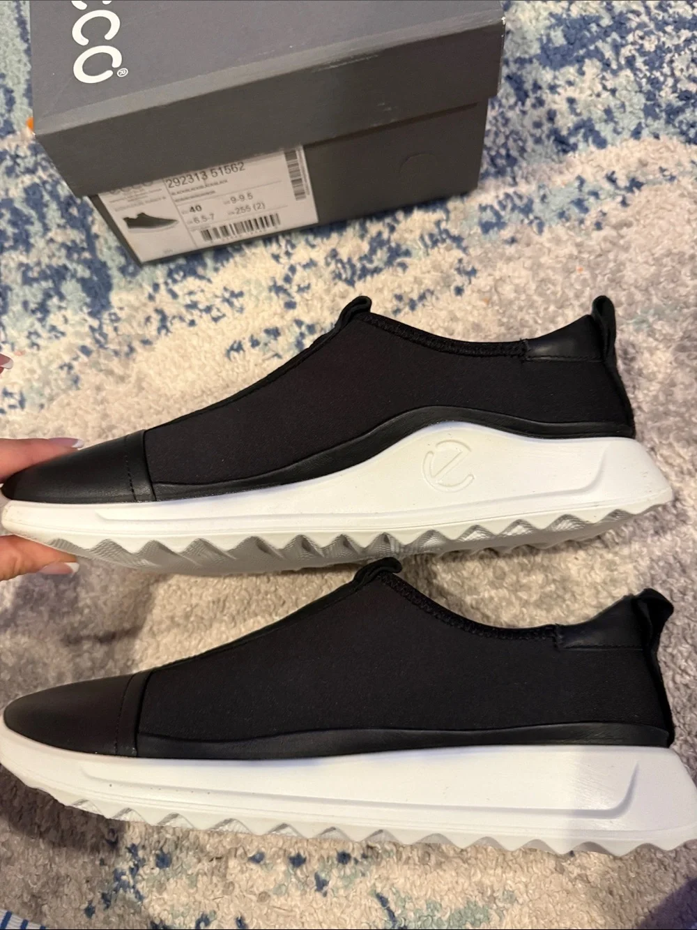 Ecco Black Slip-On Leather Casual Sneakers with White Sole brand new with box
